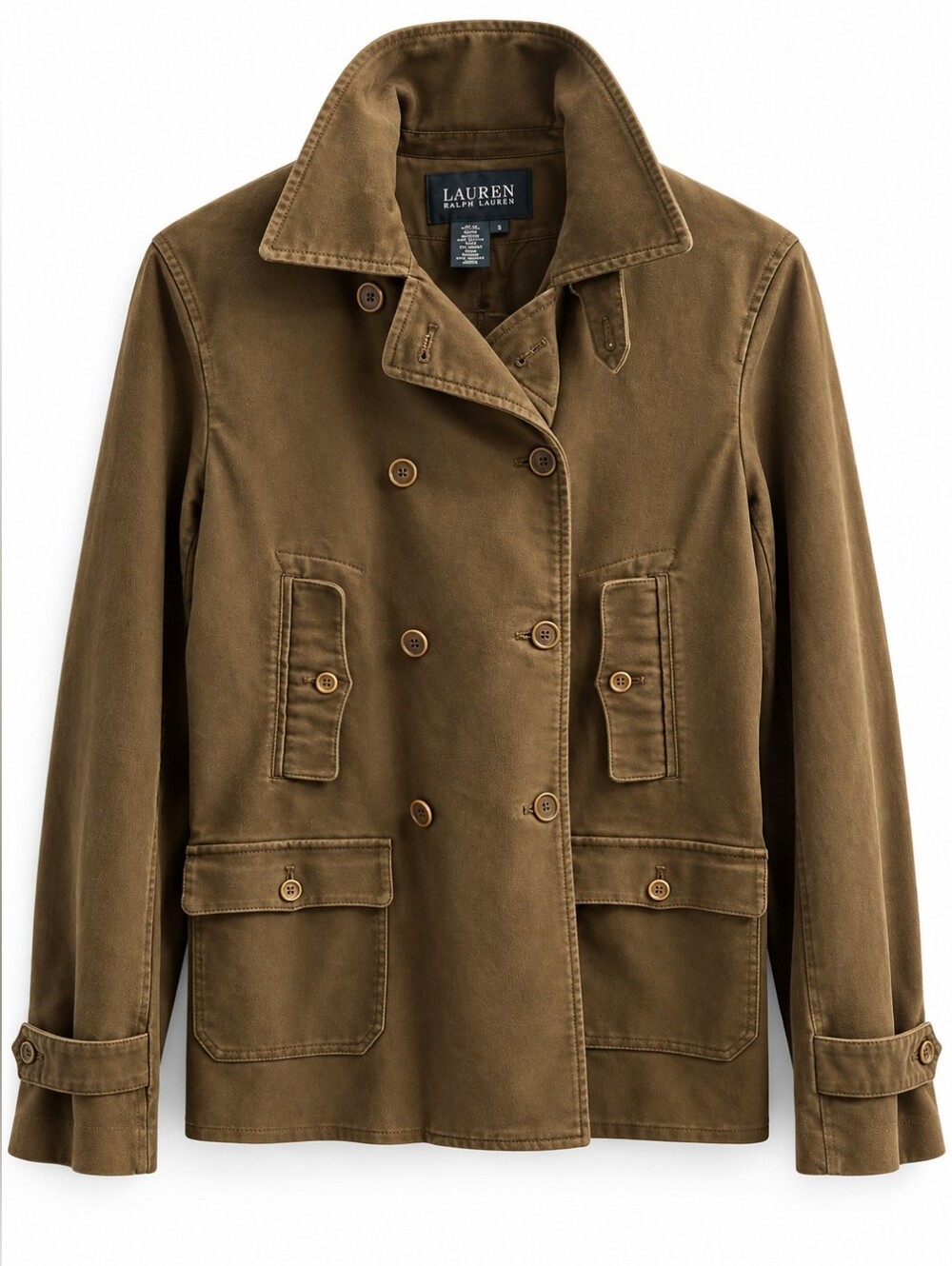 Lauren Ralph Lauren Olive Brushed Twill Double Breasted Field Jacket S, Heritage